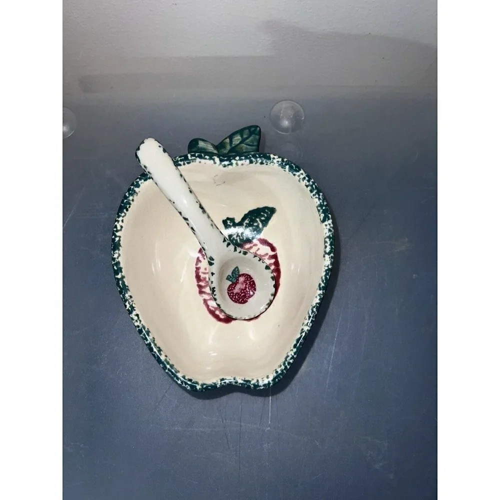 Ceramic Apple Bowl w/Spoon Condiment Serving Dish Spongeware Green & Red